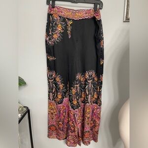 Haute Hippie Black Wide-Leg Palazzo Pants with Pink & Orange Boho Paisley L